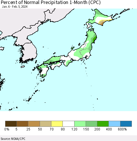 Japan Percent of Normal Precipitation 1-Month (CPC) Thematic Map For 1/6/2024 - 2/5/2024