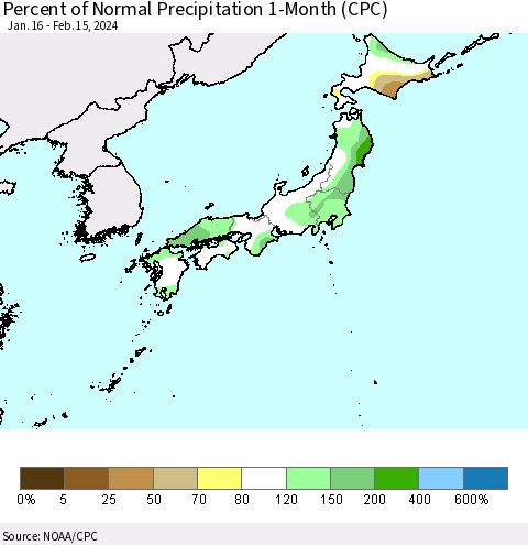 Japan Percent of Normal Precipitation 1-Month (CPC) Thematic Map For 1/16/2024 - 2/15/2024
