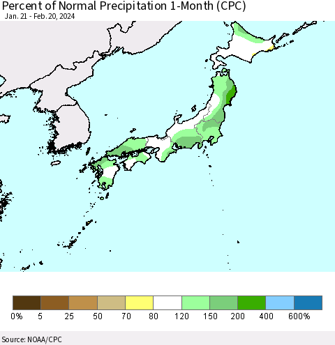 Japan Percent of Normal Precipitation 1-Month (CPC) Thematic Map For 1/21/2024 - 2/20/2024