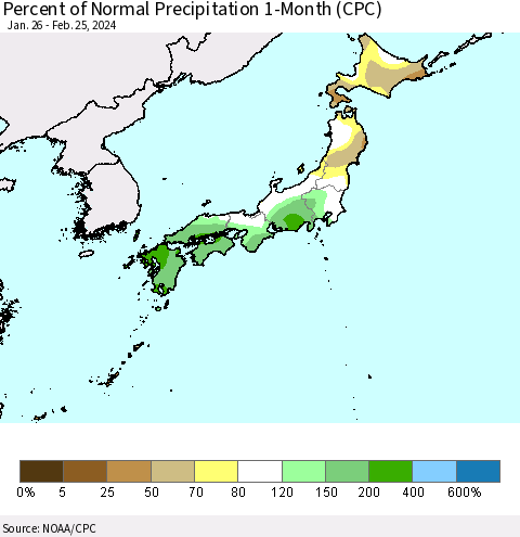 Japan Percent of Normal Precipitation 1-Month (CPC) Thematic Map For 1/26/2024 - 2/25/2024