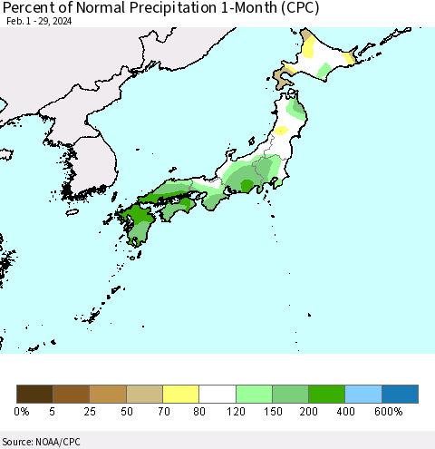Japan Percent of Normal Precipitation 1-Month (CPC) Thematic Map For 2/1/2024 - 2/29/2024