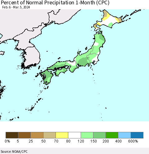 Japan Percent of Normal Precipitation 1-Month (CPC) Thematic Map For 2/6/2024 - 3/5/2024
