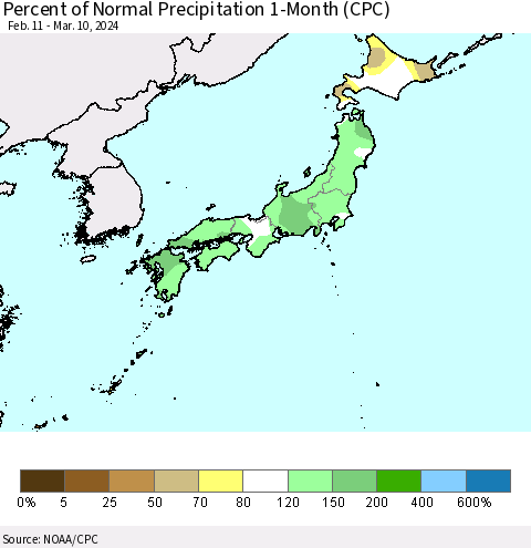 Japan Percent of Normal Precipitation 1-Month (CPC) Thematic Map For 2/11/2024 - 3/10/2024