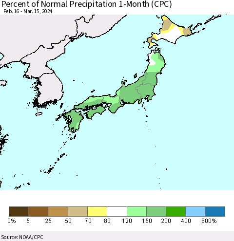 Japan Percent of Normal Precipitation 1-Month (CPC) Thematic Map For 2/16/2024 - 3/15/2024