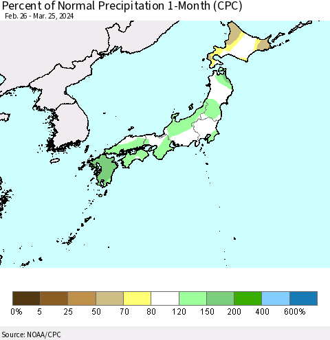 Japan Percent of Normal Precipitation 1-Month (CPC) Thematic Map For 2/26/2024 - 3/25/2024