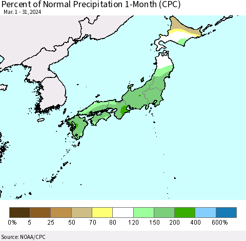 Japan Percent of Normal Precipitation 1-Month (CPC) Thematic Map For 3/1/2024 - 3/31/2024