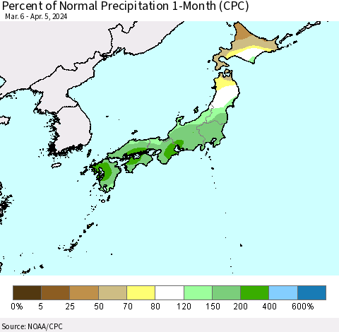 Japan Percent of Normal Precipitation 1-Month (CPC) Thematic Map For 3/6/2024 - 4/5/2024