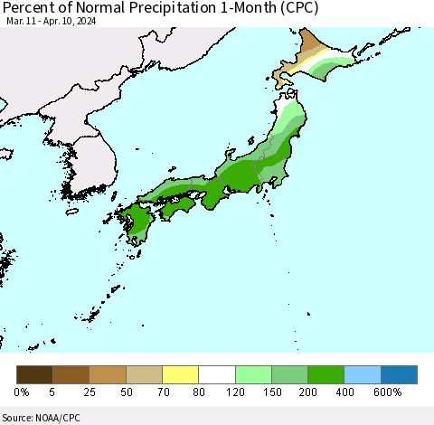 Japan Percent of Normal Precipitation 1-Month (CPC) Thematic Map For 3/11/2024 - 4/10/2024