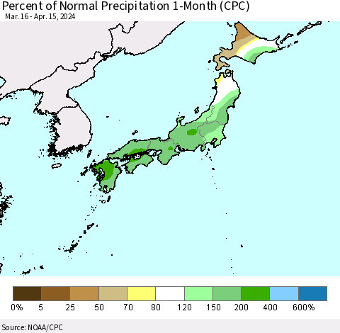 Japan Percent of Normal Precipitation 1-Month (CPC) Thematic Map For 3/16/2024 - 4/15/2024