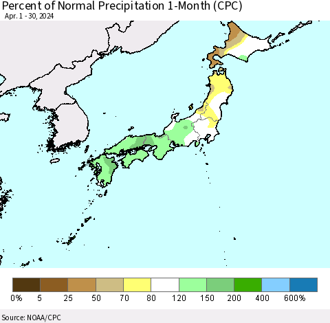Japan Percent of Normal Precipitation 1-Month (CPC) Thematic Map For 4/1/2024 - 4/30/2024