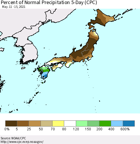 Japan Percent of Normal Precipitation 5-Day (CPC) Thematic Map For 5/11/2021 - 5/15/2021