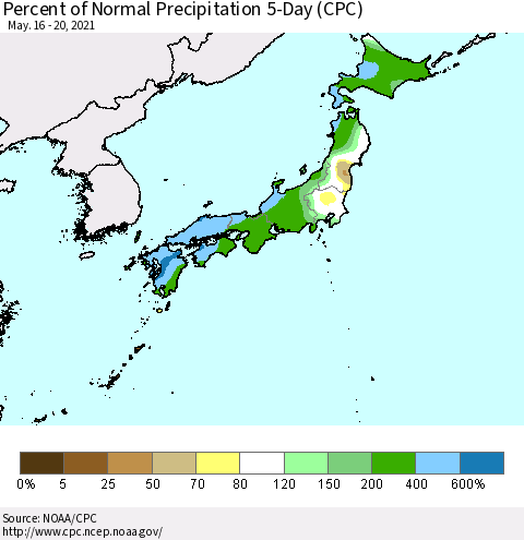 Japan Percent of Normal Precipitation 5-Day (CPC) Thematic Map For 5/16/2021 - 5/20/2021