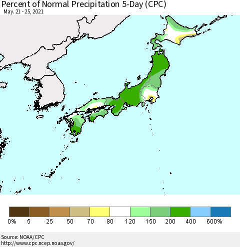 Japan Percent of Normal Precipitation 5-Day (CPC) Thematic Map For 5/21/2021 - 5/25/2021