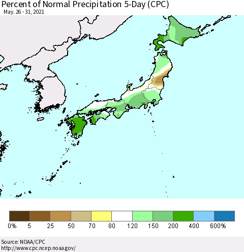 Japan Percent of Normal Precipitation 5-Day (CPC) Thematic Map For 5/26/2021 - 5/31/2021
