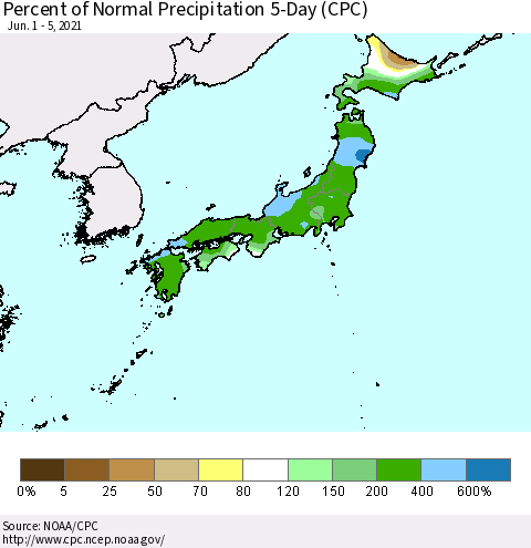 Japan Percent of Normal Precipitation 5-Day (CPC) Thematic Map For 6/1/2021 - 6/5/2021