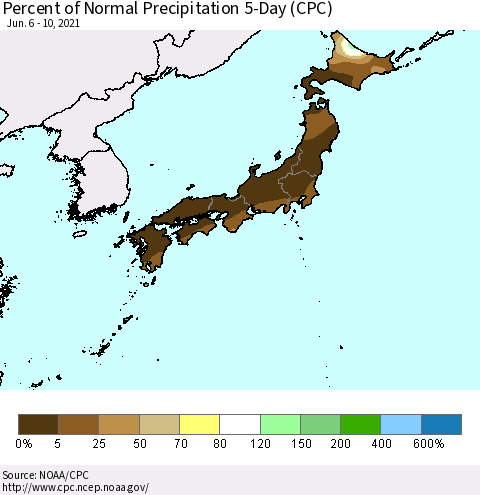 Japan Percent of Normal Precipitation 5-Day (CPC) Thematic Map For 6/6/2021 - 6/10/2021