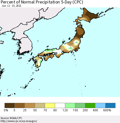 Japan Percent of Normal Precipitation 5-Day (CPC) Thematic Map For 6/11/2021 - 6/15/2021