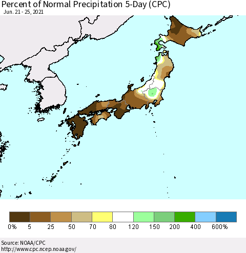 Japan Percent of Normal Precipitation 5-Day (CPC) Thematic Map For 6/21/2021 - 6/25/2021