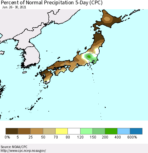 Japan Percent of Normal Precipitation 5-Day (CPC) Thematic Map For 6/26/2021 - 6/30/2021