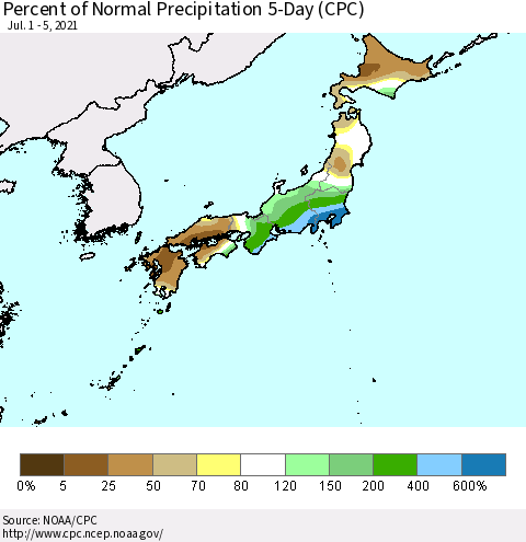 Japan Percent of Normal Precipitation 5-Day (CPC) Thematic Map For 7/1/2021 - 7/5/2021