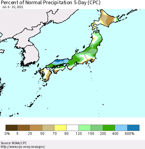 Japan Percent of Normal Precipitation 5-Day (CPC) Thematic Map For 7/6/2021 - 7/10/2021