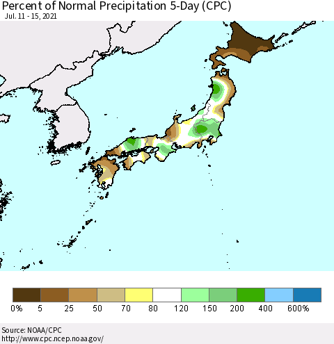 Japan Percent of Normal Precipitation 5-Day (CPC) Thematic Map For 7/11/2021 - 7/15/2021