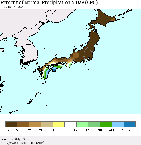 Japan Percent of Normal Precipitation 5-Day (CPC) Thematic Map For 7/16/2021 - 7/20/2021