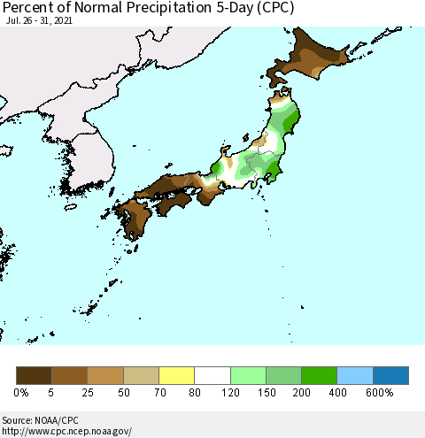 Japan Percent of Normal Precipitation 5-Day (CPC) Thematic Map For 7/26/2021 - 7/31/2021