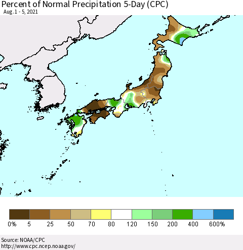 Japan Percent of Normal Precipitation 5-Day (CPC) Thematic Map For 8/1/2021 - 8/5/2021
