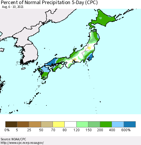 Japan Percent of Normal Precipitation 5-Day (CPC) Thematic Map For 8/6/2021 - 8/10/2021