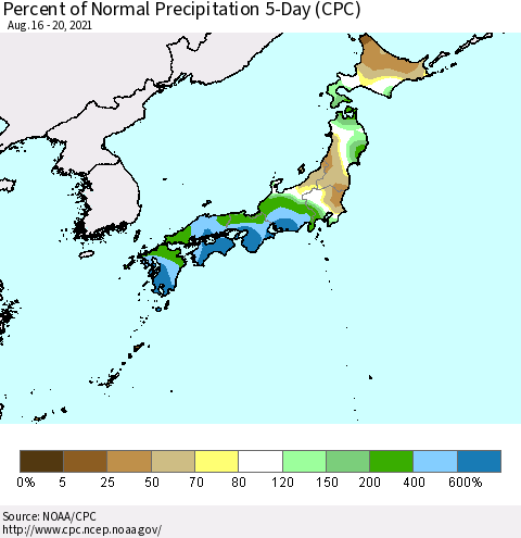 Japan Percent of Normal Precipitation 5-Day (CPC) Thematic Map For 8/16/2021 - 8/20/2021