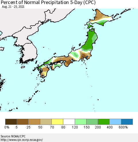 Japan Percent of Normal Precipitation 5-Day (CPC) Thematic Map For 8/21/2021 - 8/25/2021