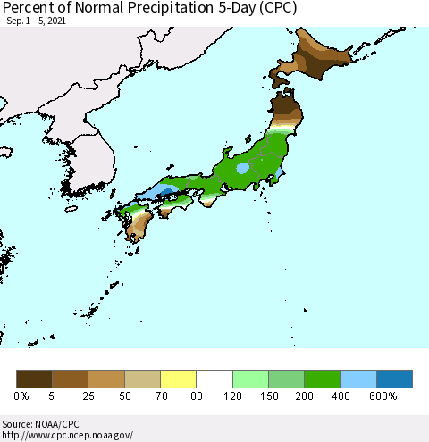 Japan Percent of Normal Precipitation 5-Day (CPC) Thematic Map For 9/1/2021 - 9/5/2021