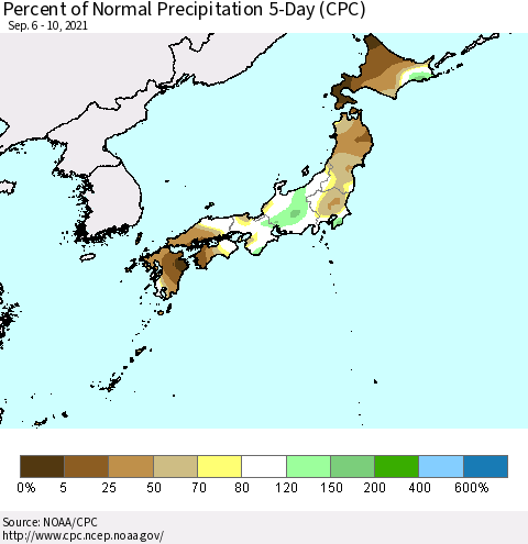 Japan Percent of Normal Precipitation 5-Day (CPC) Thematic Map For 9/6/2021 - 9/10/2021