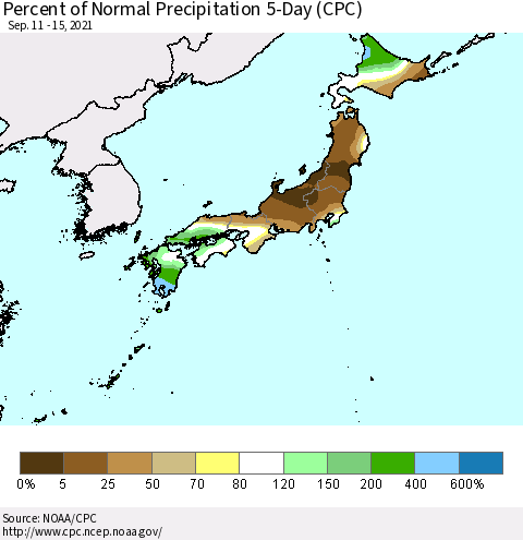 Japan Percent of Normal Precipitation 5-Day (CPC) Thematic Map For 9/11/2021 - 9/15/2021