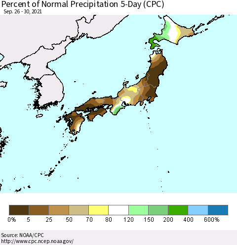 Japan Percent of Normal Precipitation 5-Day (CPC) Thematic Map For 9/26/2021 - 9/30/2021