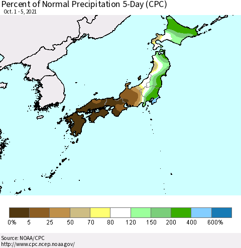 Japan Percent of Normal Precipitation 5-Day (CPC) Thematic Map For 10/1/2021 - 10/5/2021