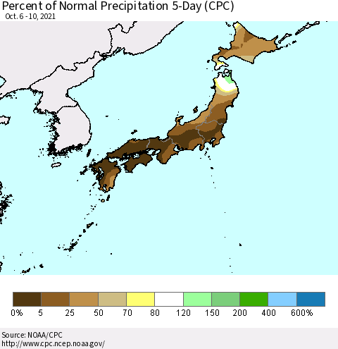 Japan Percent of Normal Precipitation 5-Day (CPC) Thematic Map For 10/6/2021 - 10/10/2021