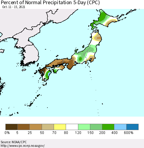 Japan Percent of Normal Precipitation 5-Day (CPC) Thematic Map For 10/11/2021 - 10/15/2021