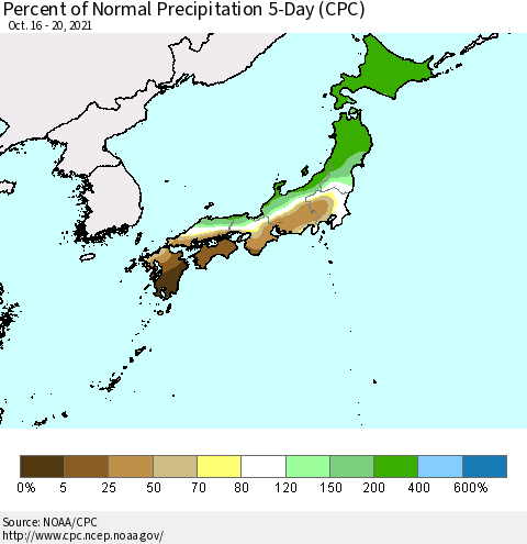 Japan Percent of Normal Precipitation 5-Day (CPC) Thematic Map For 10/16/2021 - 10/20/2021