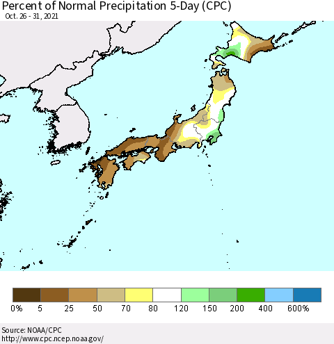 Japan Percent of Normal Precipitation 5-Day (CPC) Thematic Map For 10/26/2021 - 10/31/2021