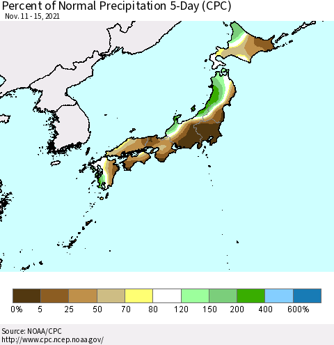 Japan Percent of Normal Precipitation 5-Day (CPC) Thematic Map For 11/11/2021 - 11/15/2021