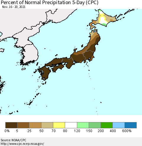 Japan Percent of Normal Precipitation 5-Day (CPC) Thematic Map For 11/16/2021 - 11/20/2021