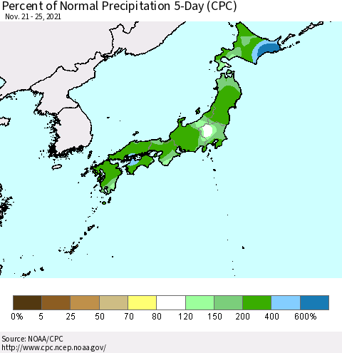 Japan Percent of Normal Precipitation 5-Day (CPC) Thematic Map For 11/21/2021 - 11/25/2021