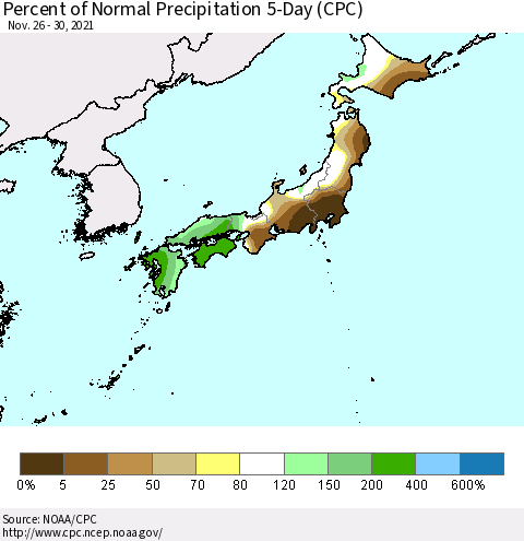 Japan Percent of Normal Precipitation 5-Day (CPC) Thematic Map For 11/26/2021 - 11/30/2021