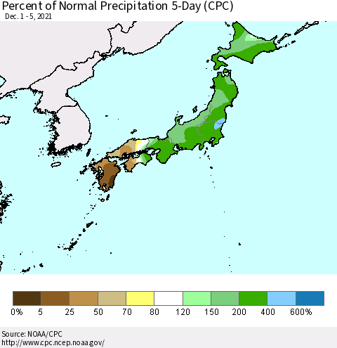 Japan Percent of Normal Precipitation 5-Day (CPC) Thematic Map For 12/1/2021 - 12/5/2021