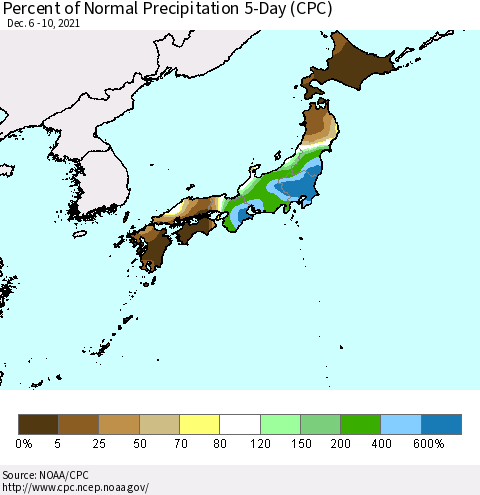 Japan Percent of Normal Precipitation 5-Day (CPC) Thematic Map For 12/6/2021 - 12/10/2021