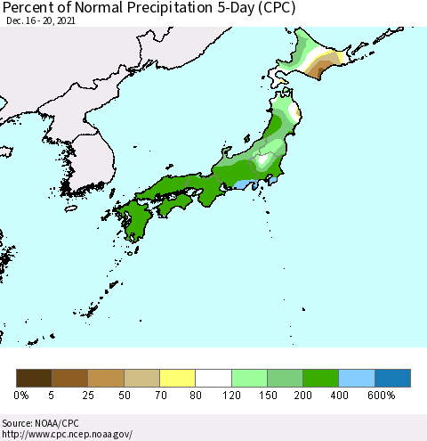 Japan Percent of Normal Precipitation 5-Day (CPC) Thematic Map For 12/16/2021 - 12/20/2021