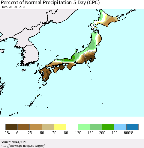 Japan Percent of Normal Precipitation 5-Day (CPC) Thematic Map For 12/26/2021 - 12/31/2021