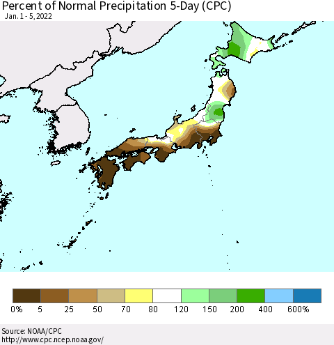 Japan Percent of Normal Precipitation 5-Day (CPC) Thematic Map For 1/1/2022 - 1/5/2022